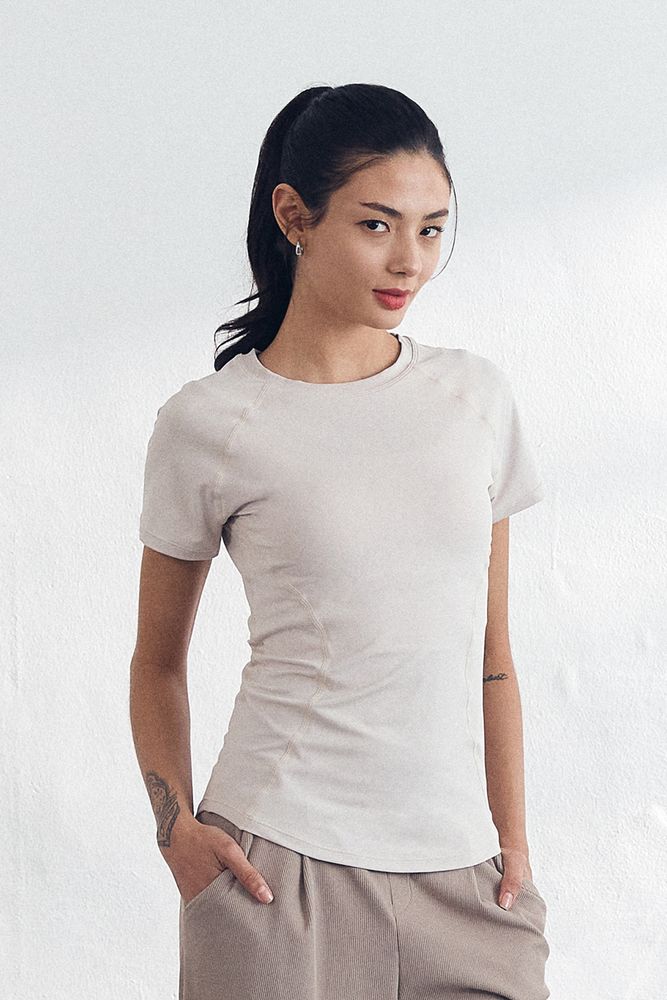 Cielcoco CLWT8100 Askin Fresh Short Sleeve Women Cooling Slim Fit Activewear Workout Top T-Shirt _ Cream Beige _ Made In Korea